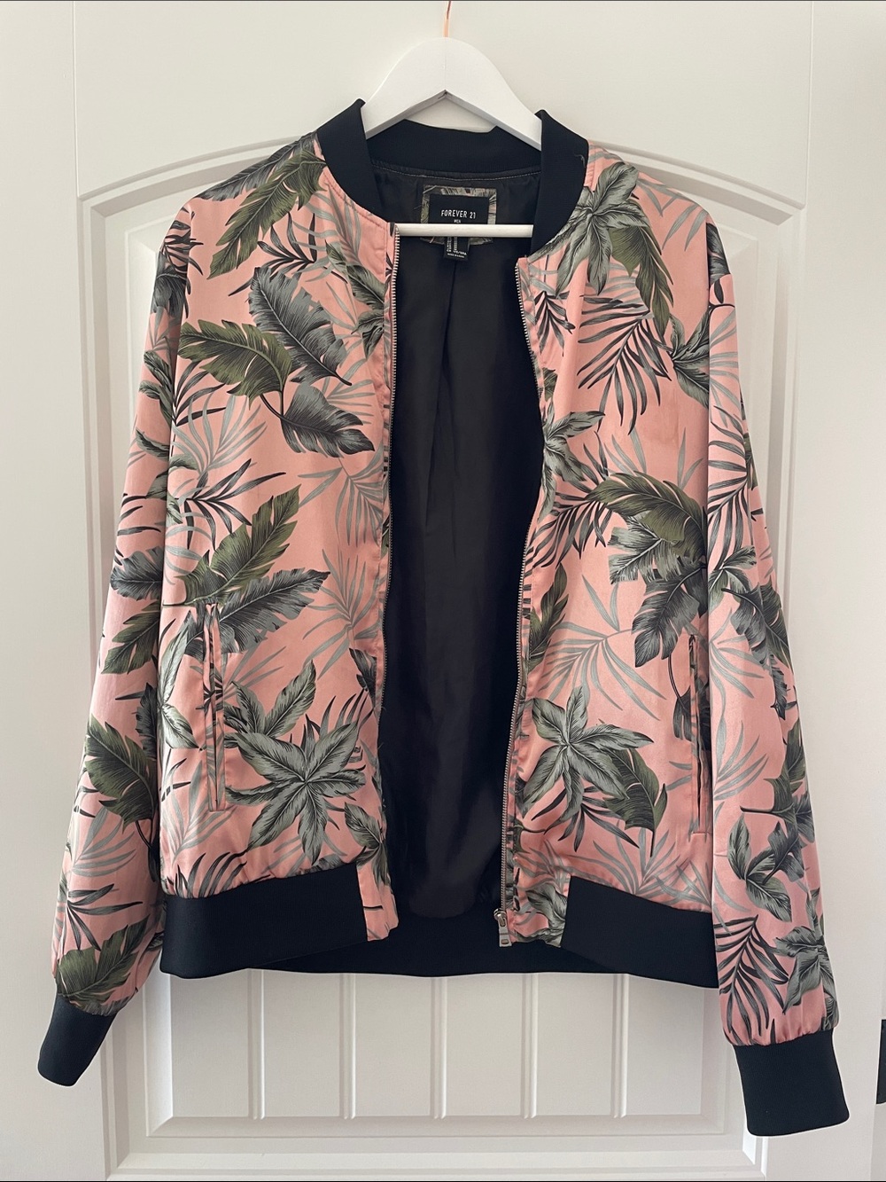 Forever 21 Pink Tropical Leaf Bomber Jacket